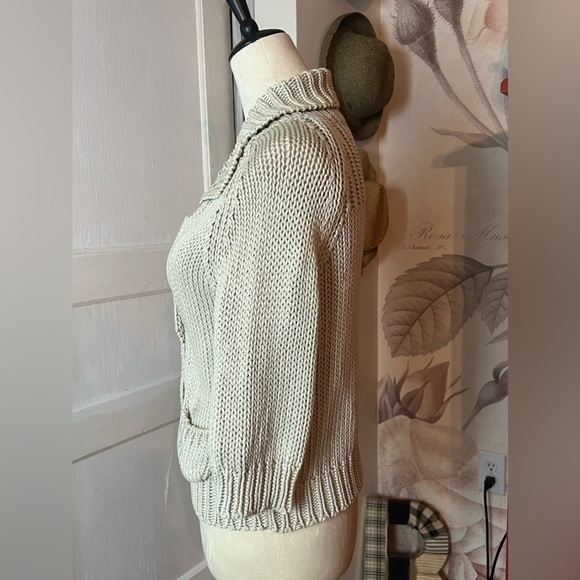 THEORY GABY CROP SLEEVE COLLARED COTTON CARDIGAN TAN SZ MED LUXURY SUMMER RESORT - Picture 4 of 6